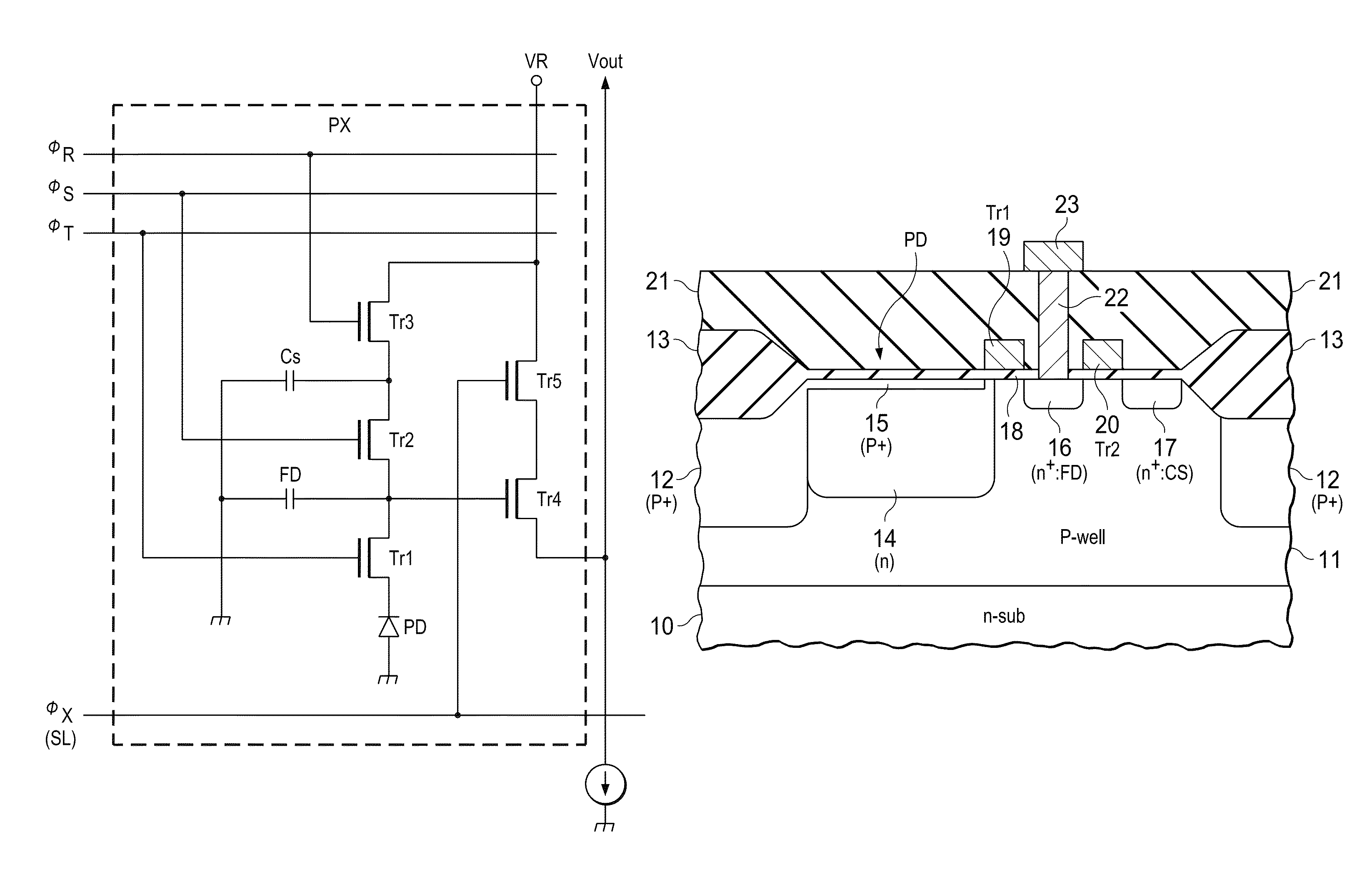 Image sensor five transistor pixel element with four control signals