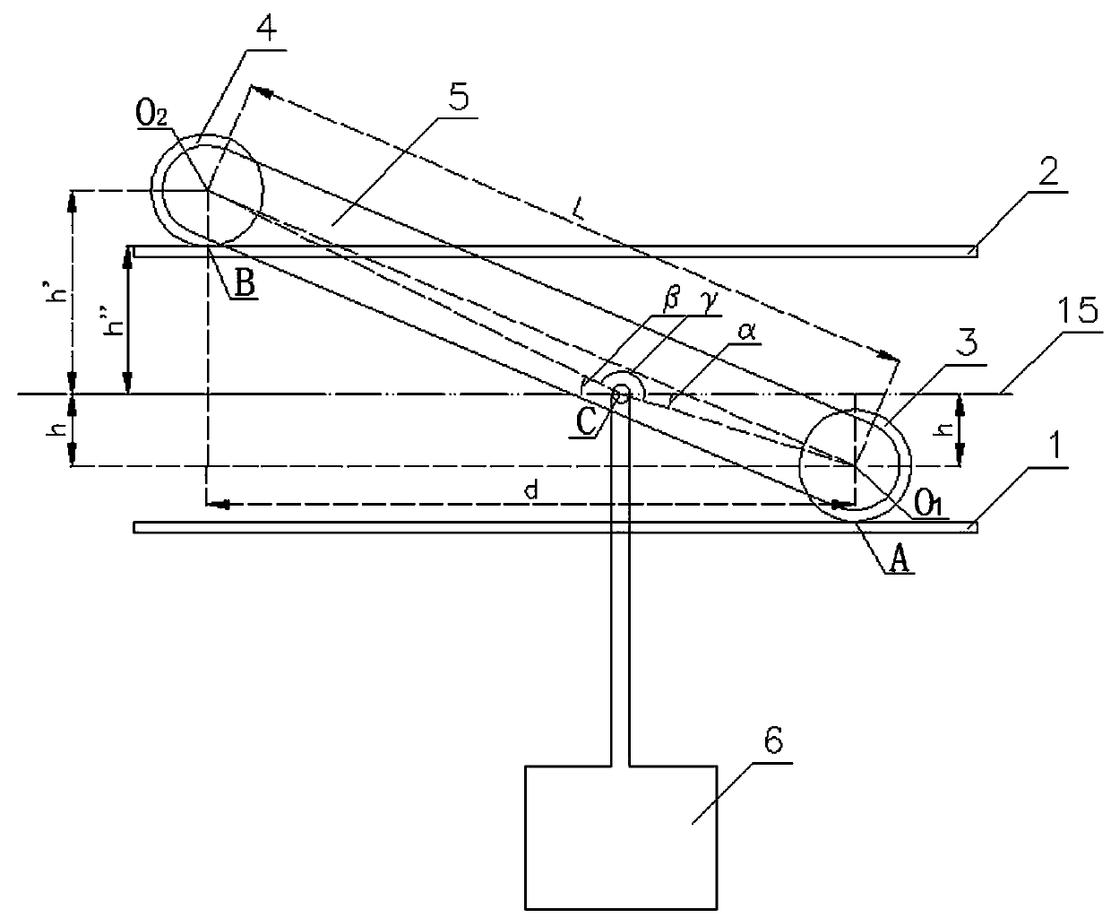 A compensating overhead rail carrier device for keeping the carrier running horizontally
