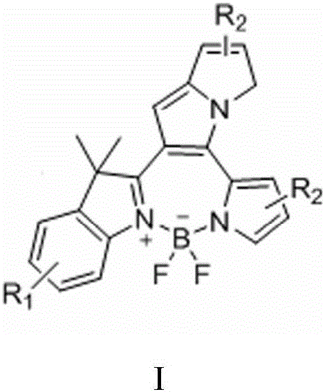 Fluorine-boron pyrrolizinone fluorochrome and synthesizing method thereof