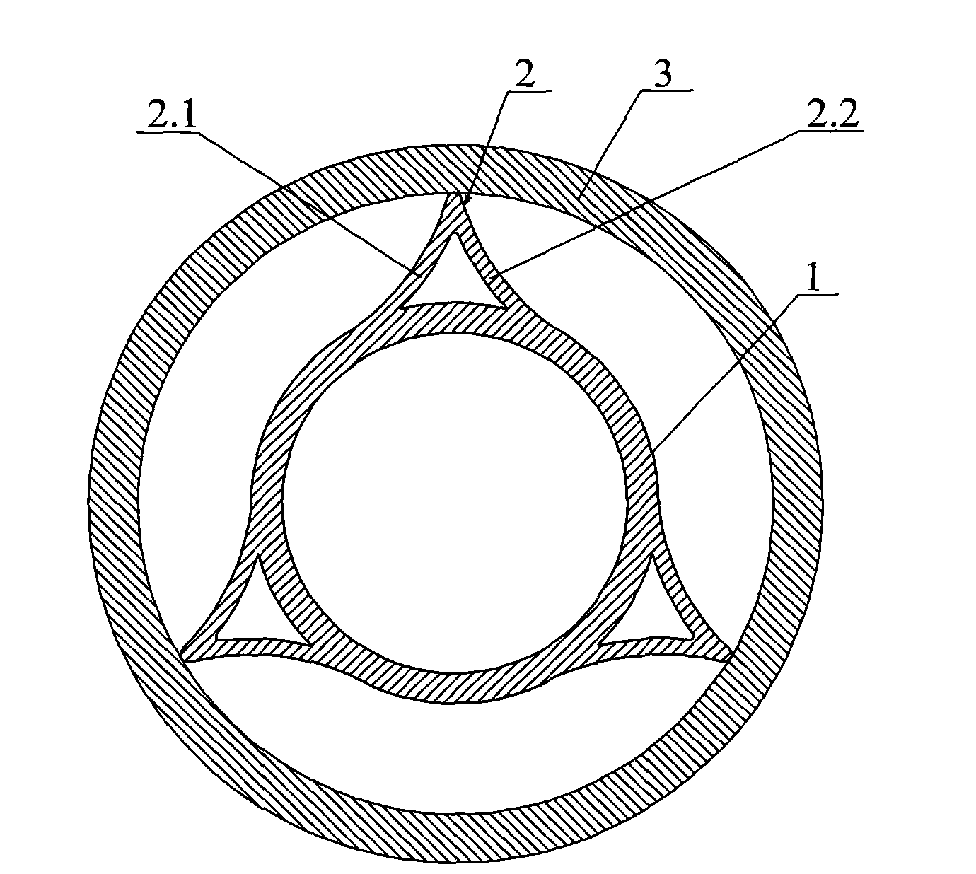 Rotary flexible shaft supporting tube with support blades having triangular-arc sections