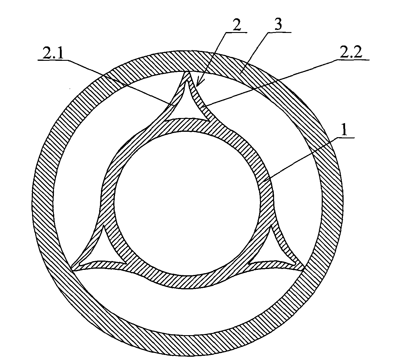 Rotary flexible shaft supporting tube with support blades having triangular-arc sections