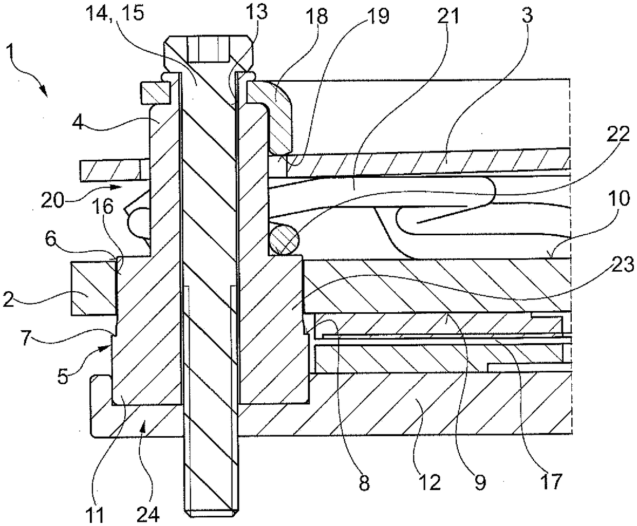 Coverless clutch with hollow pin and centering aid