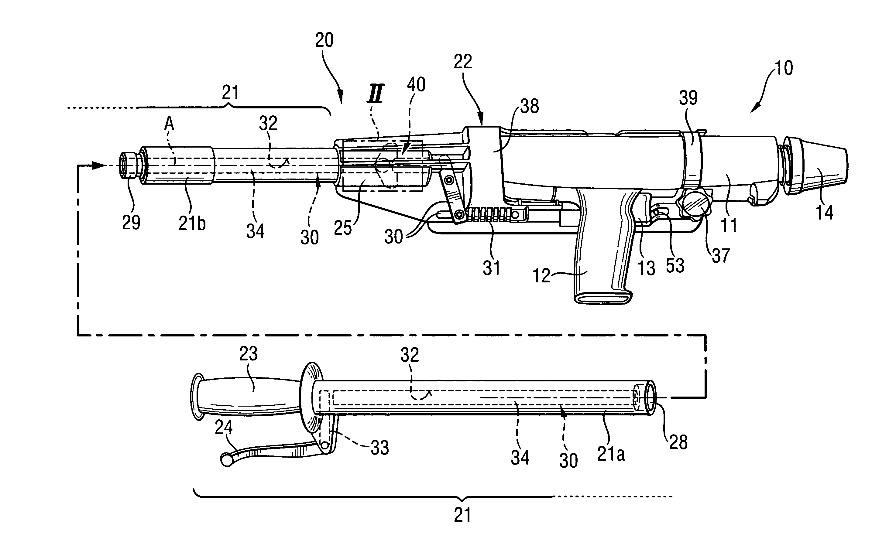 Positioning device with actuating switching means for a hand-held setting tool