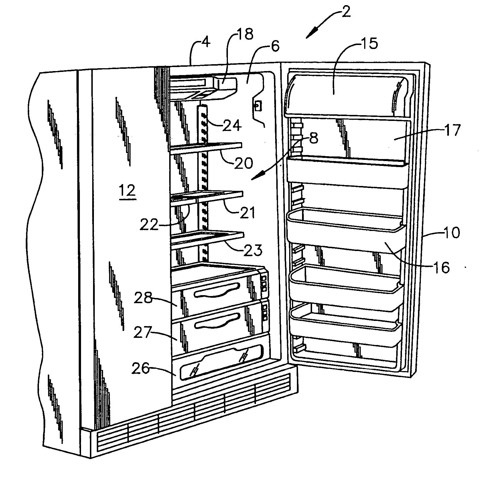 Refrigerator rail system for removably supported side-sliding shelves
