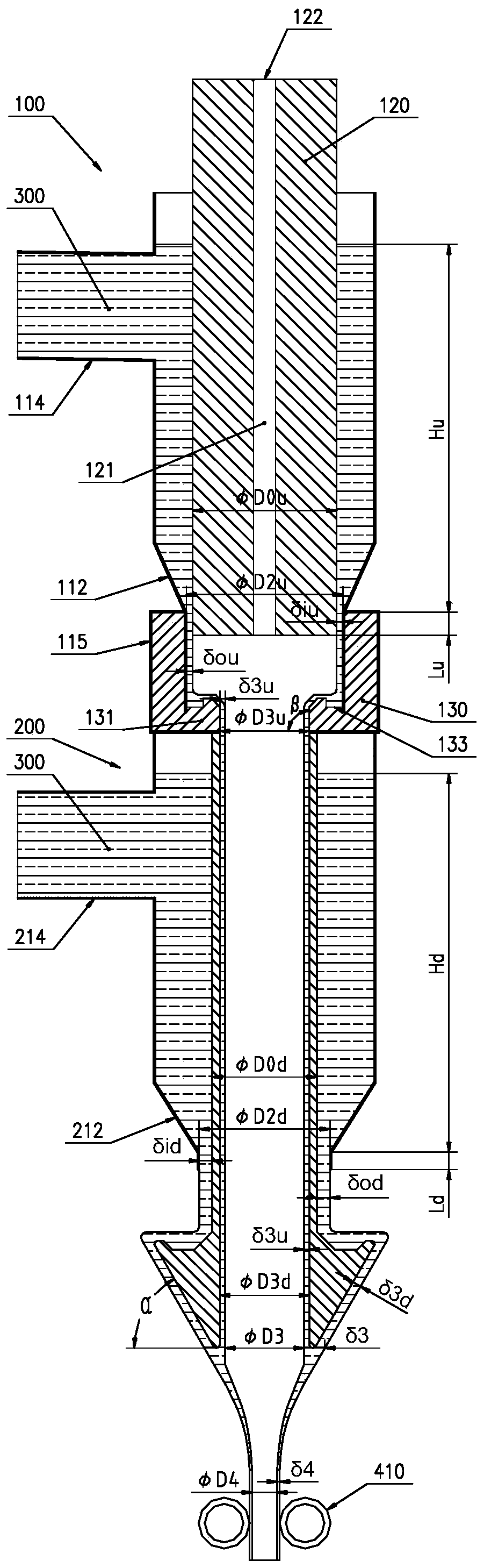 Equipment for inner overflow and outer overflow down-draw molding of glass pipe, and design method thereof