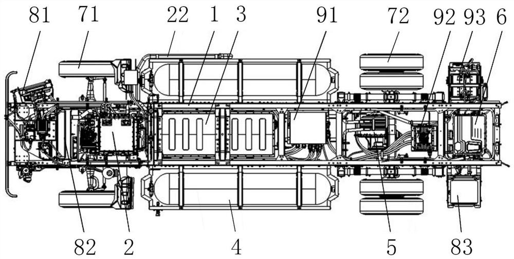 Full-chassis arrangement structure of fuel cell truck