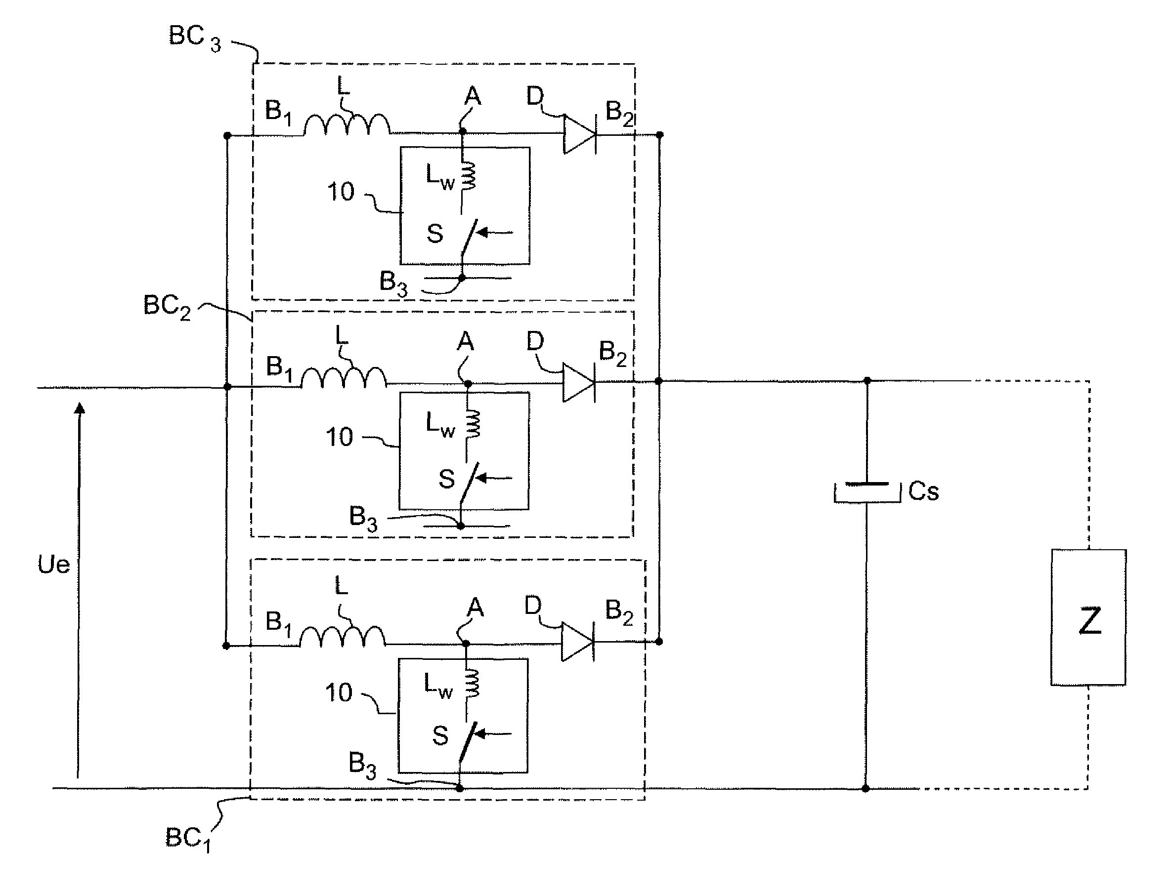 Device for controlling a power supply with DC DC splitting of the type including N interlaced paths