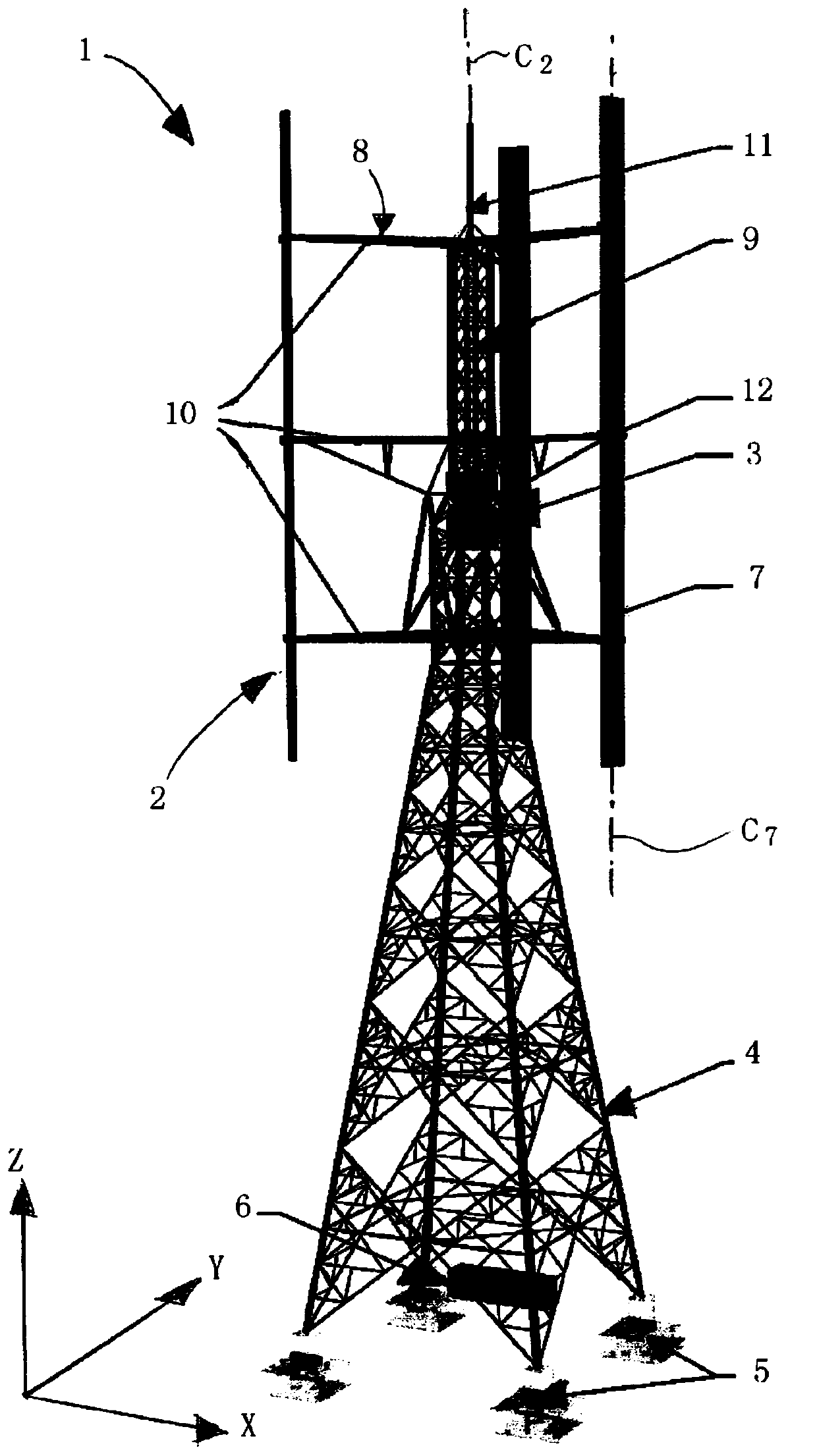Vertical wind turbine comprising coaxial pitch motor, kit for same, and method for operating same
