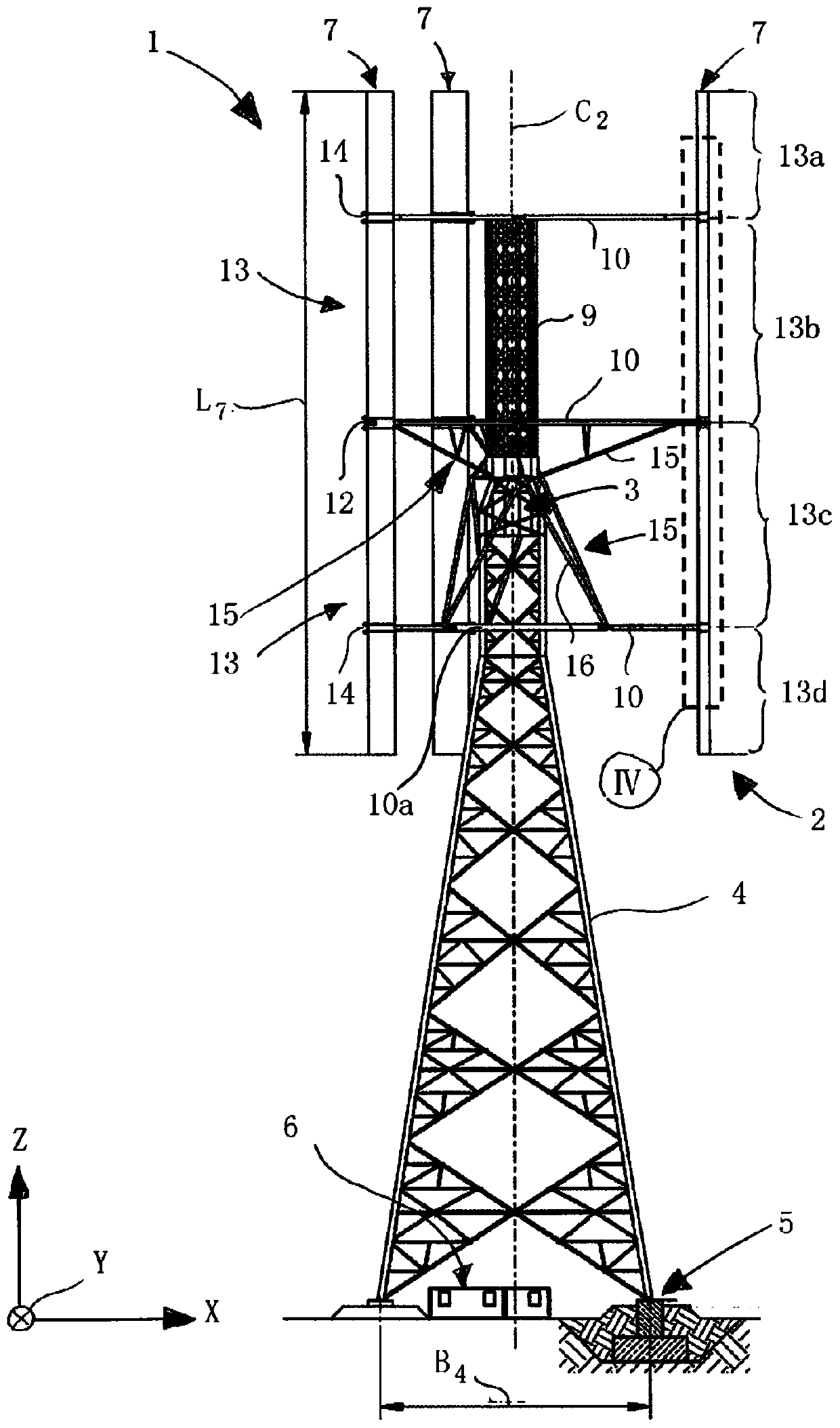Vertical wind turbine comprising coaxial pitch motor, kit for same, and method for operating same