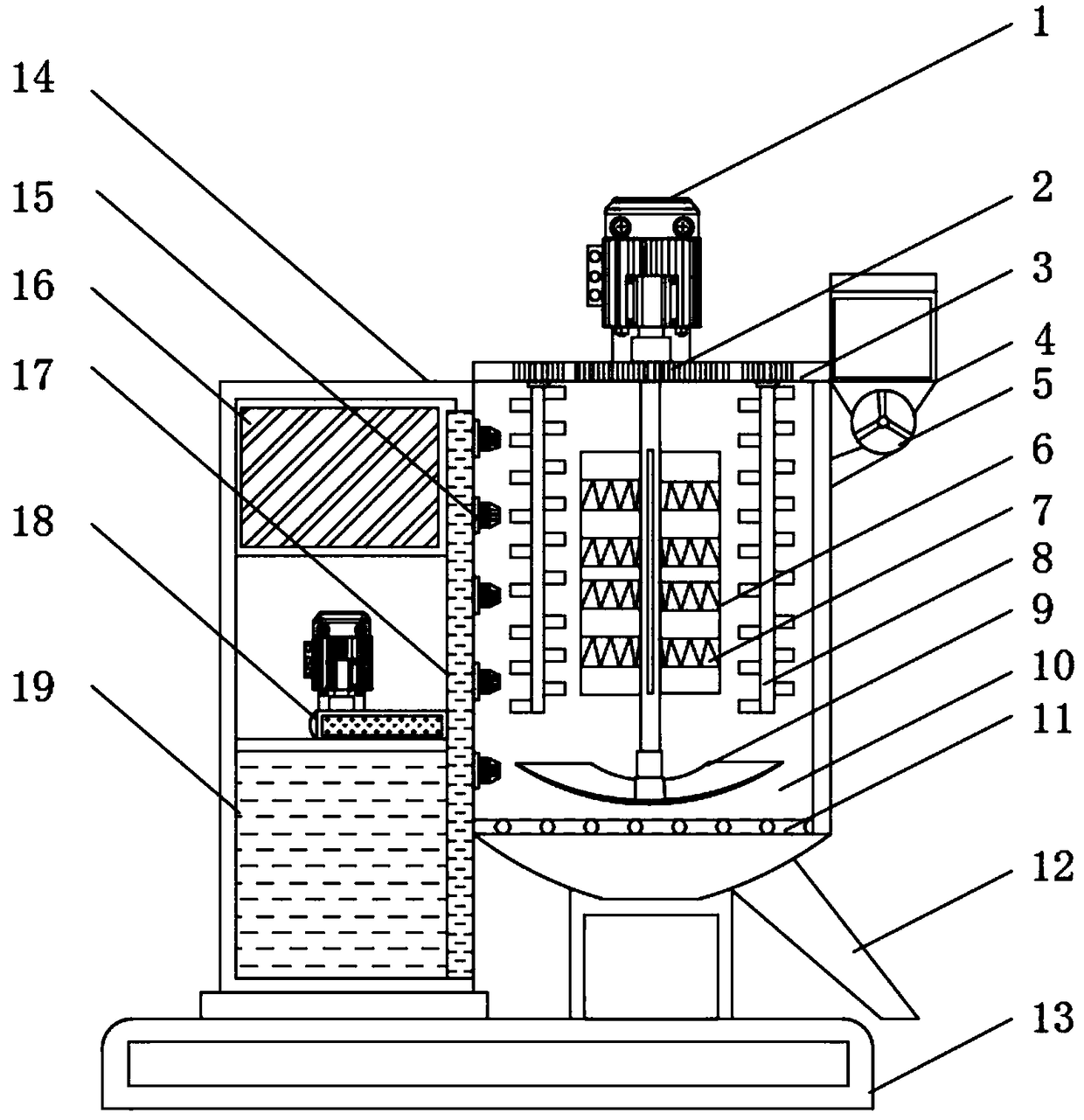Raw material stirring and mixing device for bond paper production