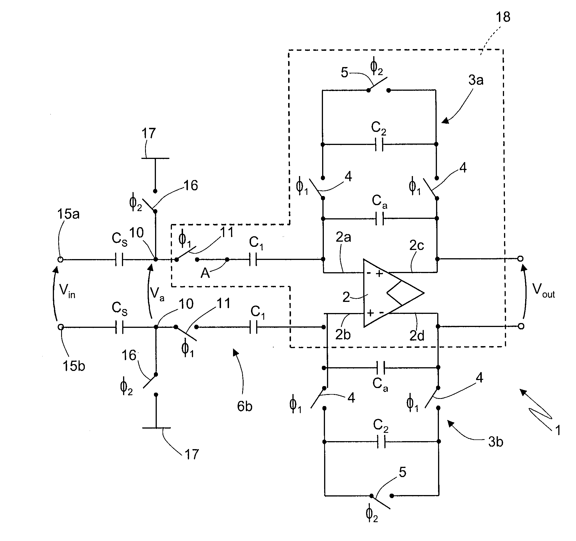 Switched-capacitor band-pass filter of a discrete-time type, in particular for cancelling offset and low-frequency noise of switched-capacitor stages