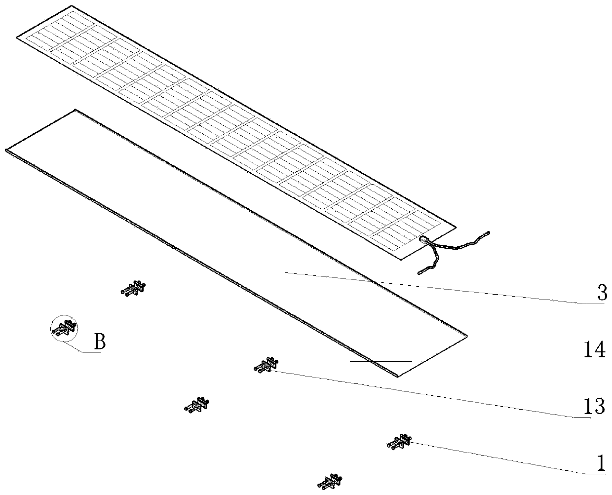 A flexible photovoltaic panel fixing device and installation method on the roof of a light steel structure building