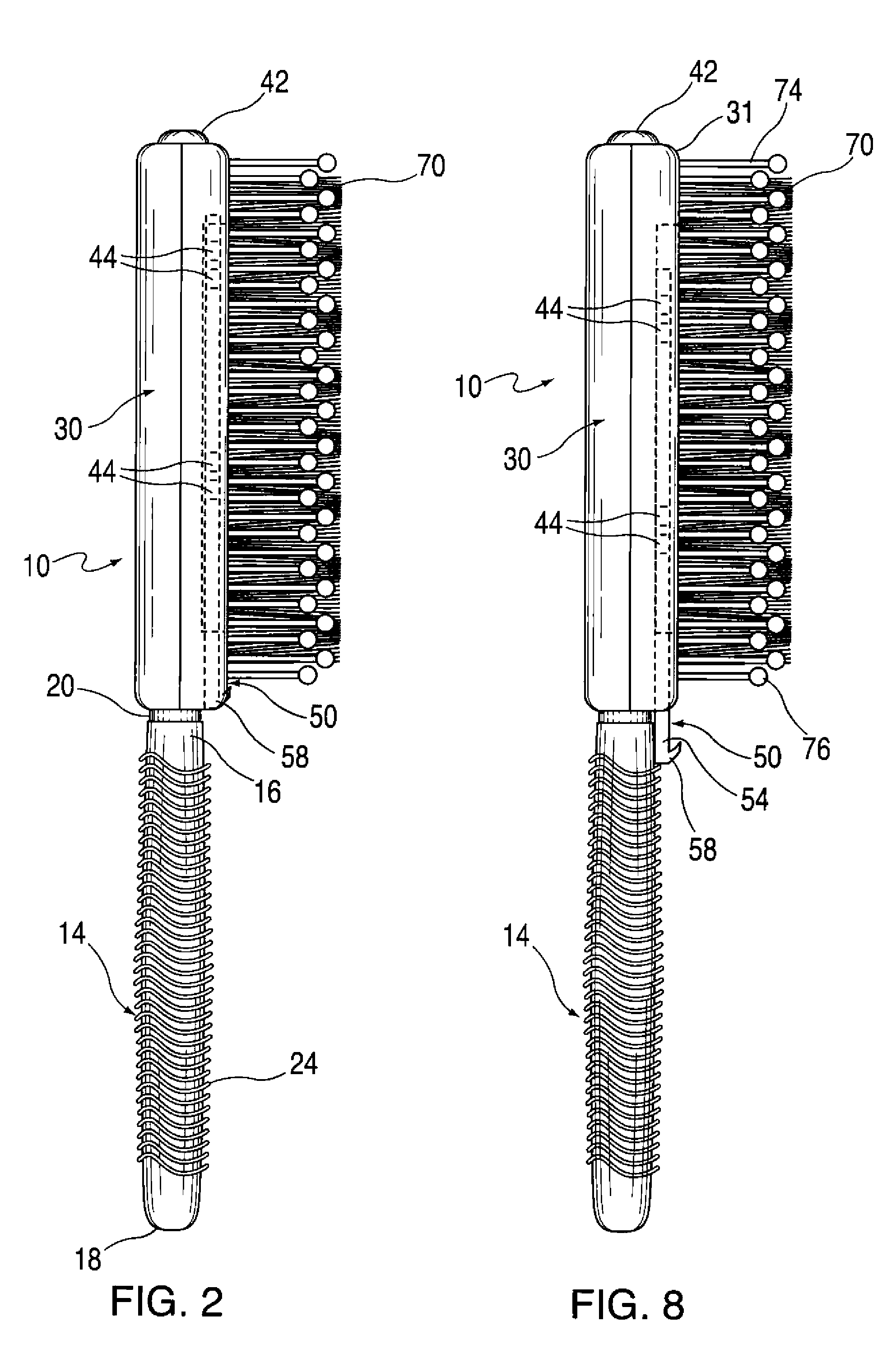 Particulate material dispensing hairbrush with combination bristles