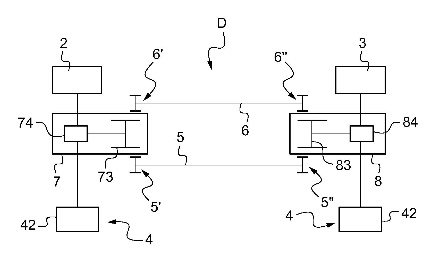 Drive device for driving first and second lift rotors of a rotorcraft having twin rotors in tandem