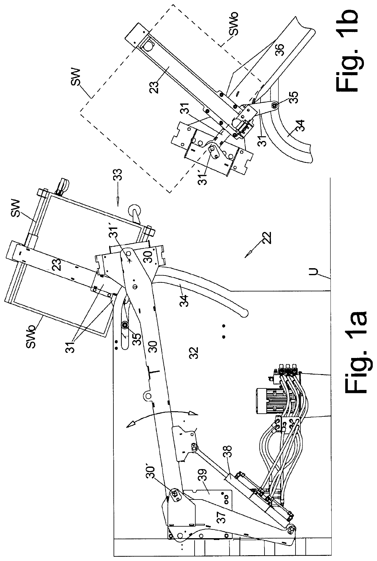 Lift and tilt device, baler equipped therewith and method of its operation