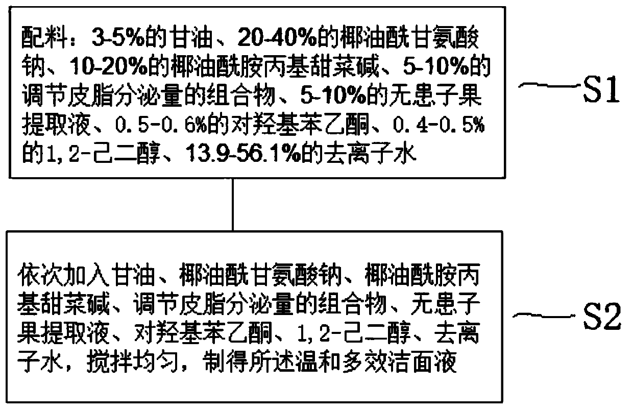 Mild multi-effect cleansing liquid and preparation method thereof