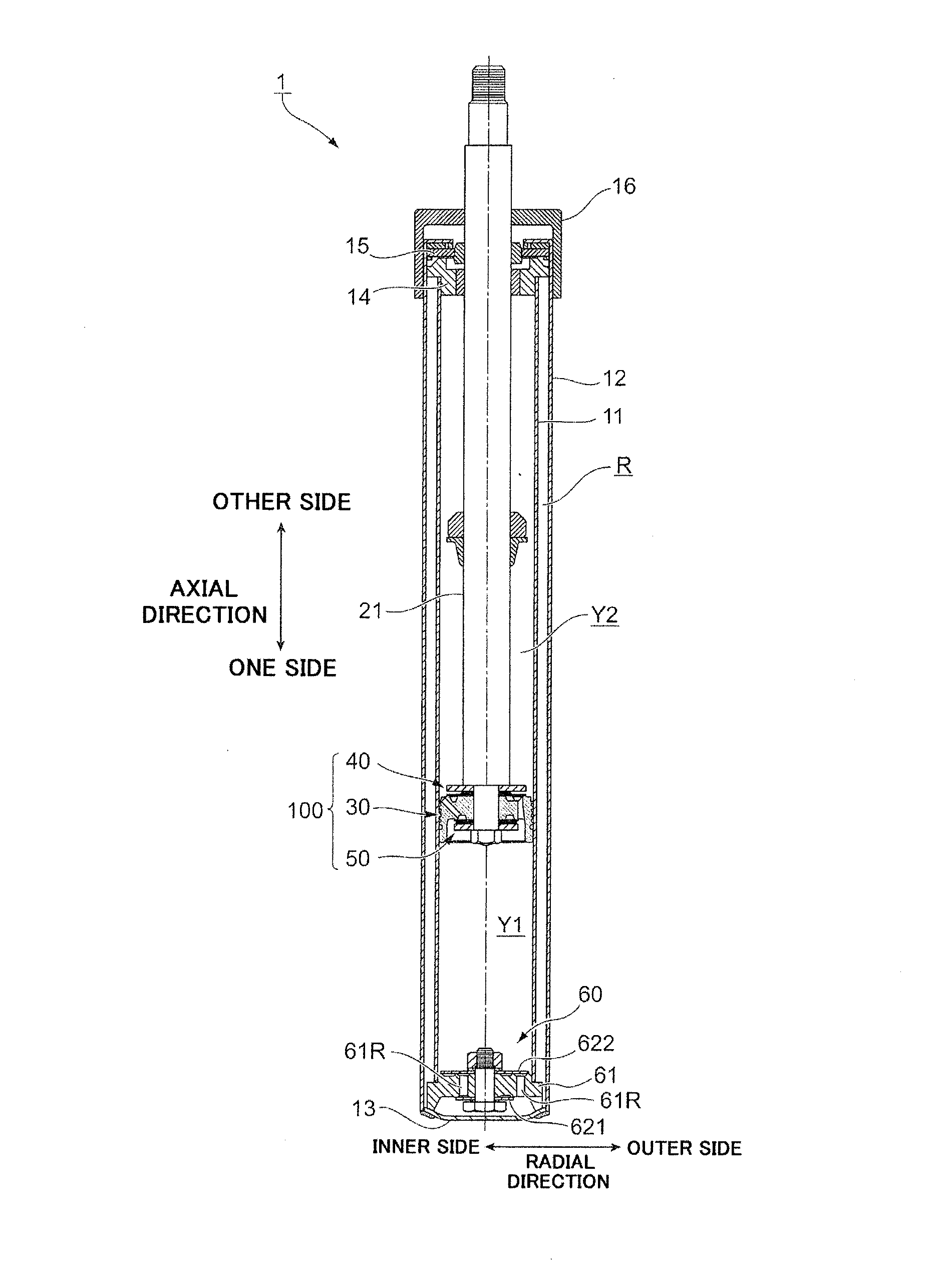 Pressure buffer device and damping force generating member