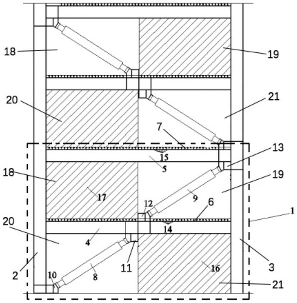 Cross-floor energy dissipation and seismic mitigation supporting frame structure and construction method thereof
