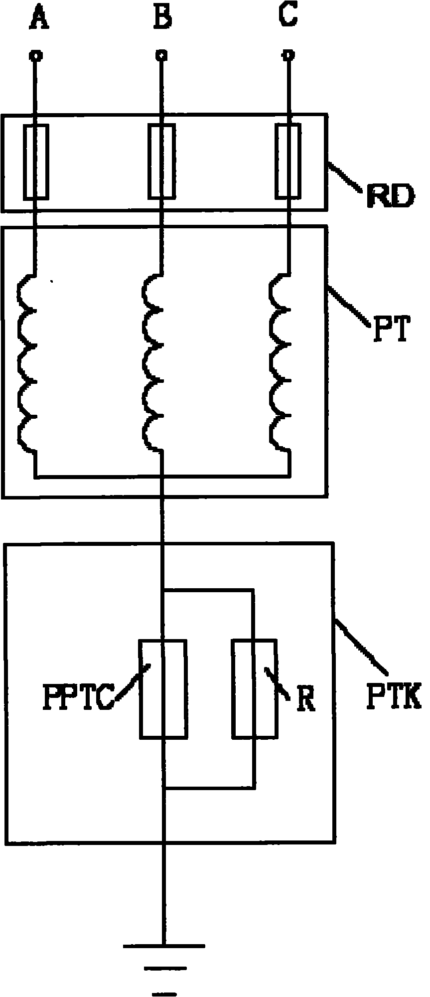 Harmonic elimination protector for electromagnetic potential transformer (PT) of three-phase electric network