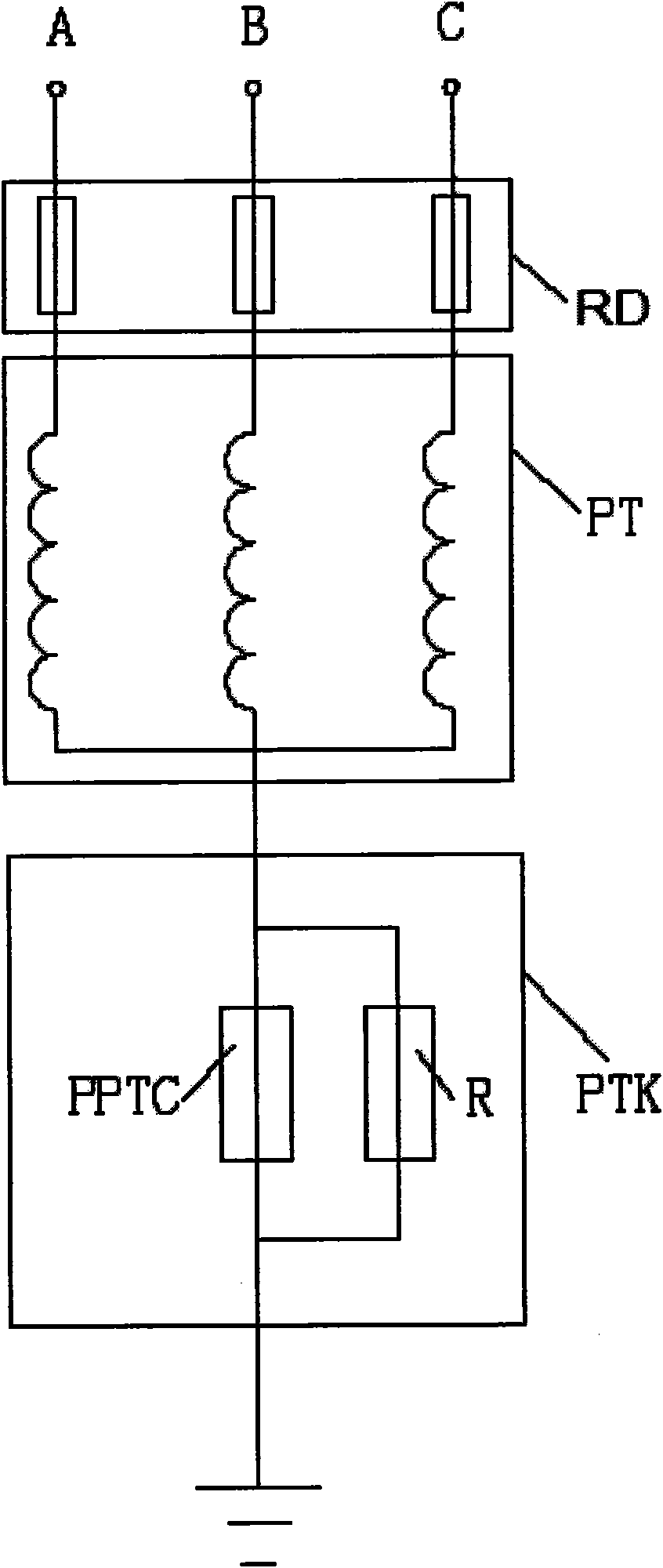 Harmonic elimination protector for electromagnetic potential transformer (PT) of three-phase electric network