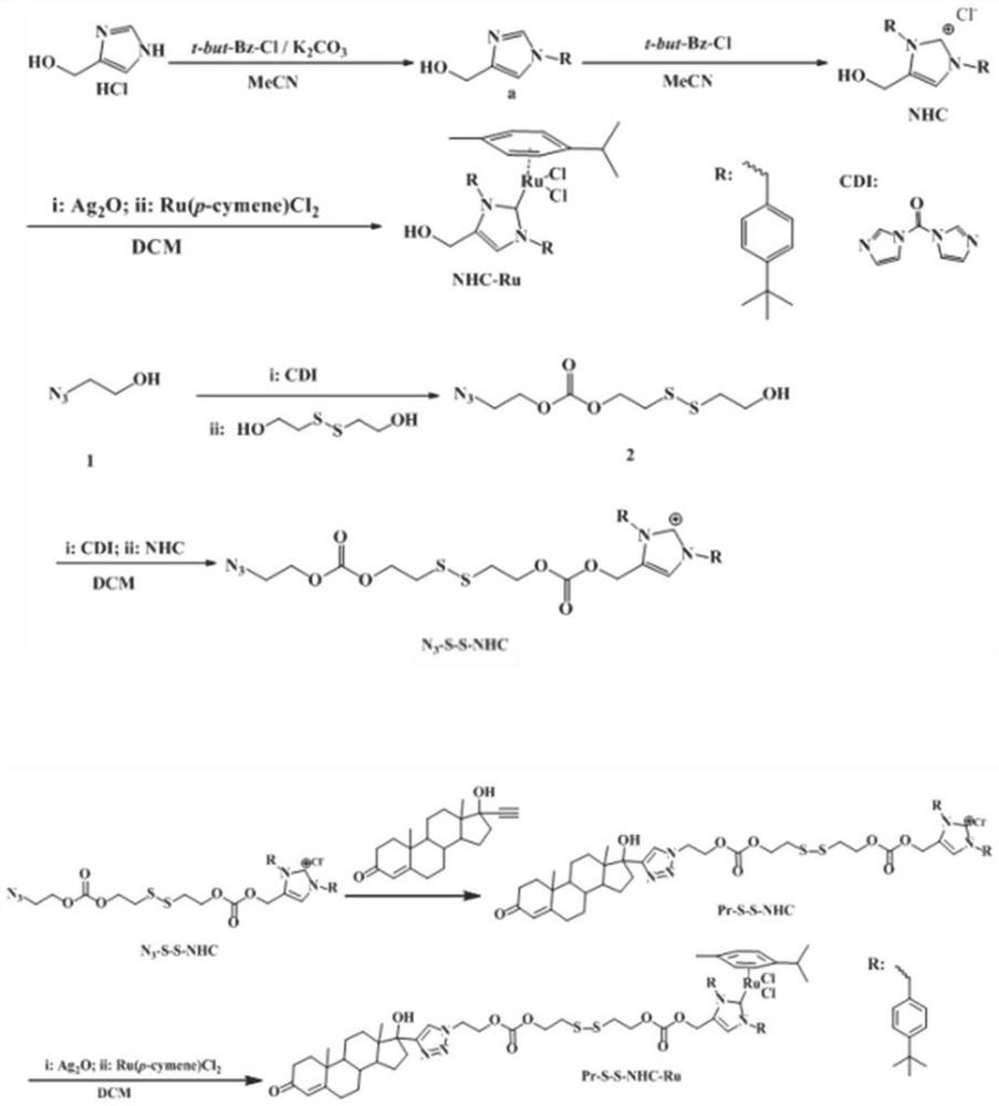 A kind of progesterone receptor targeting nitrogen heterocyclic carbene intermediate and ruthenium complexes and its preparation method and application