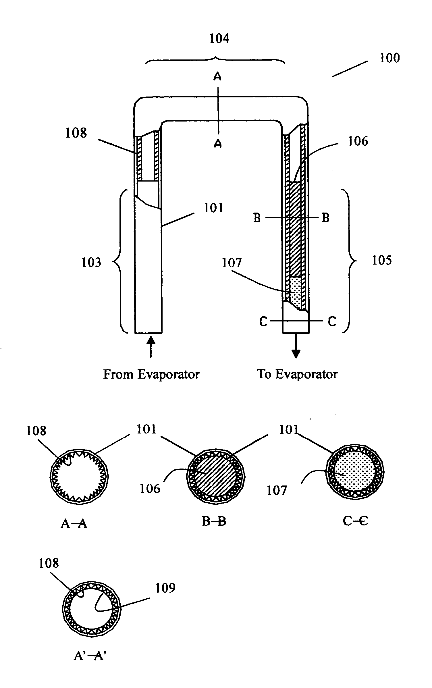 Transport line with grooved microchannels for two-phase heat dissipation on devices