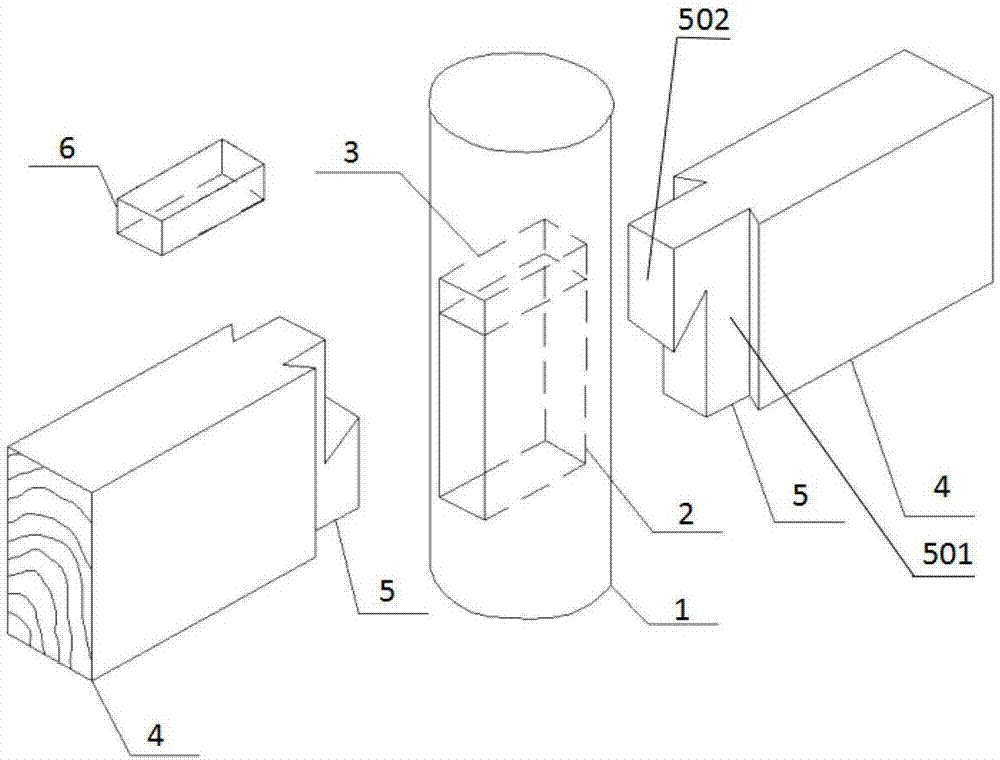 Vertical semi-dovetail tenon node connection structure for wood structure building beam column