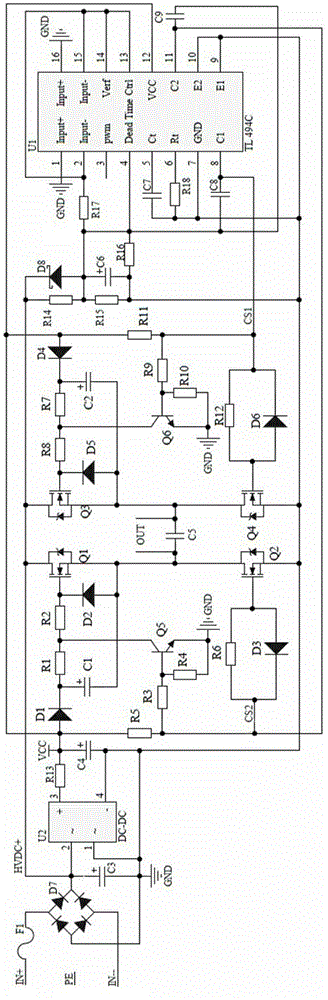 Single-phase inverter used for high-voltage DC and switching circuit