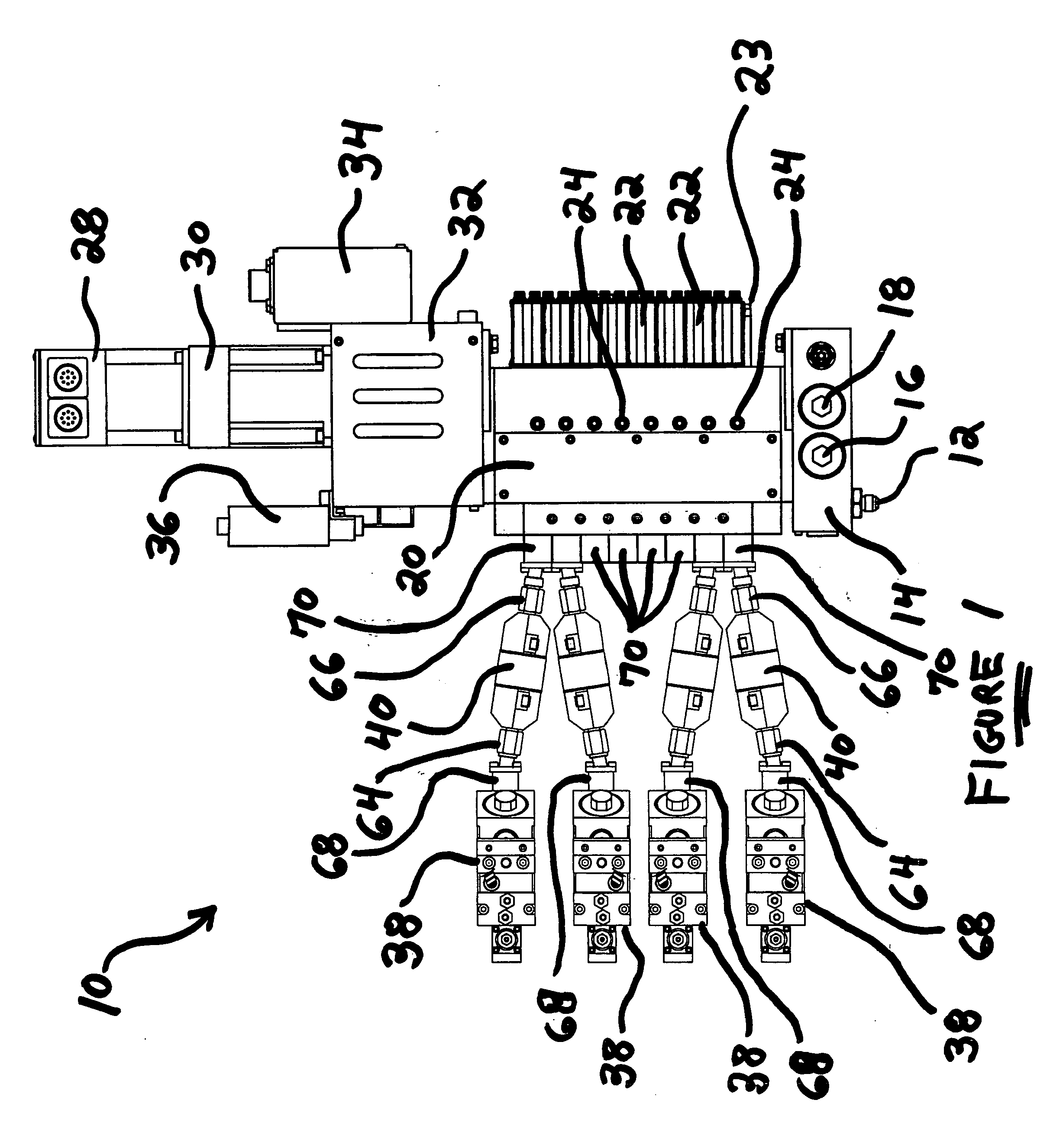 Remote metering station and applicator heads interconnected by means of relatively short hoses with universal connectors