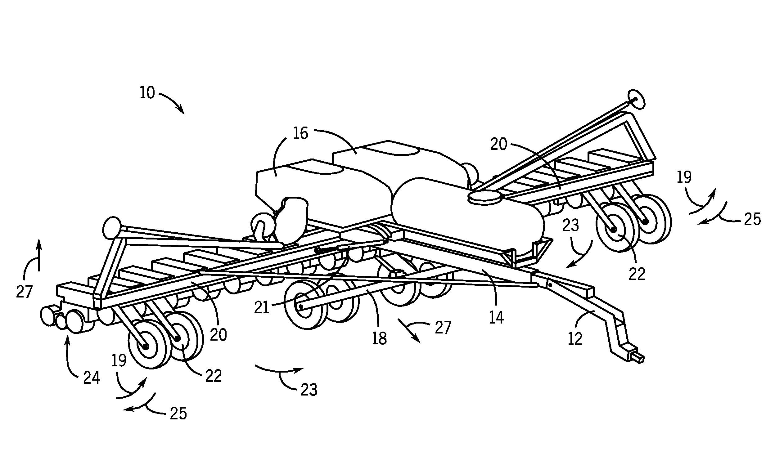 Implement frame with front folding wings and transport wheels