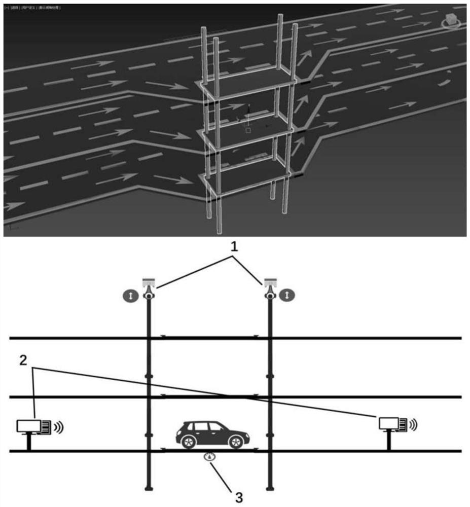 Road switching device suitable for three-dimensional parallel road network and application thereof