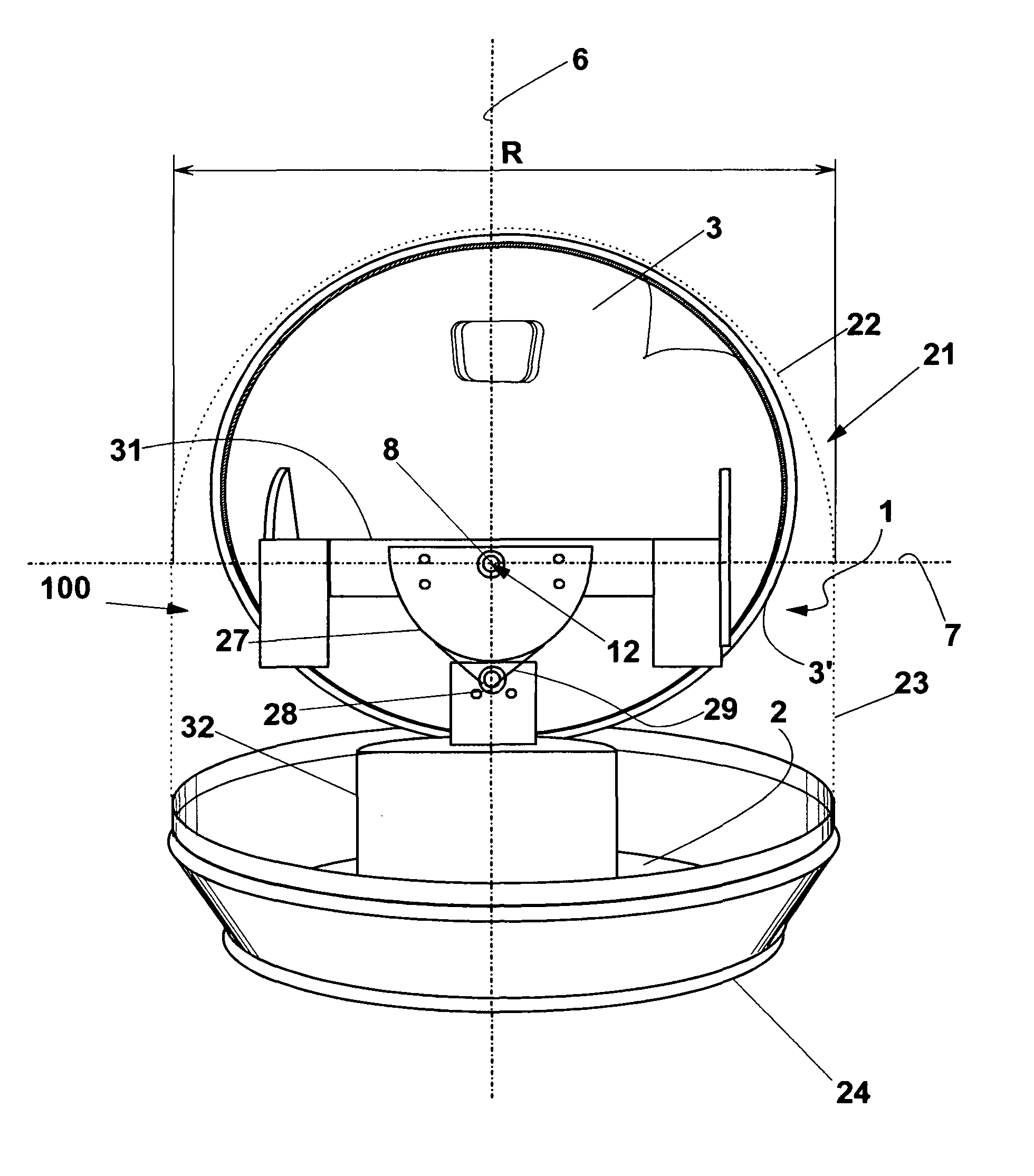 Three-axes aerial dish pointing device with minimum radome encumbrance