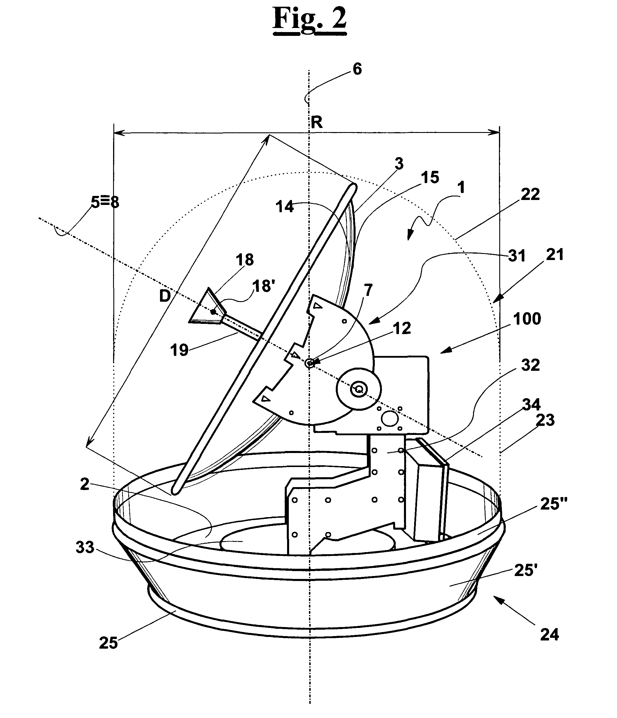 Three-axes aerial dish pointing device with minimum radome encumbrance