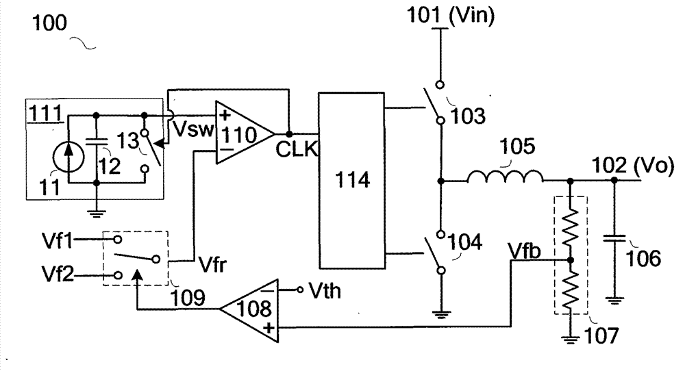 Switch frequency hopping synchronous voltage reduction circuit
