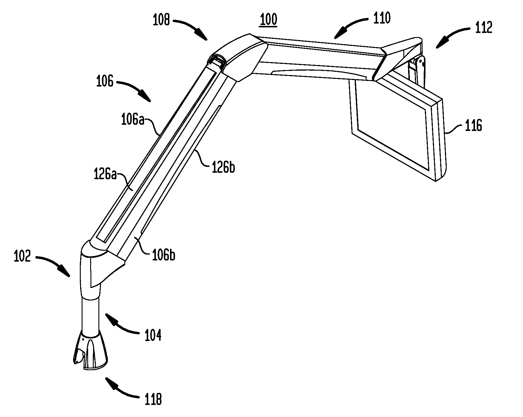 Extension arm with moving clevis and cable management