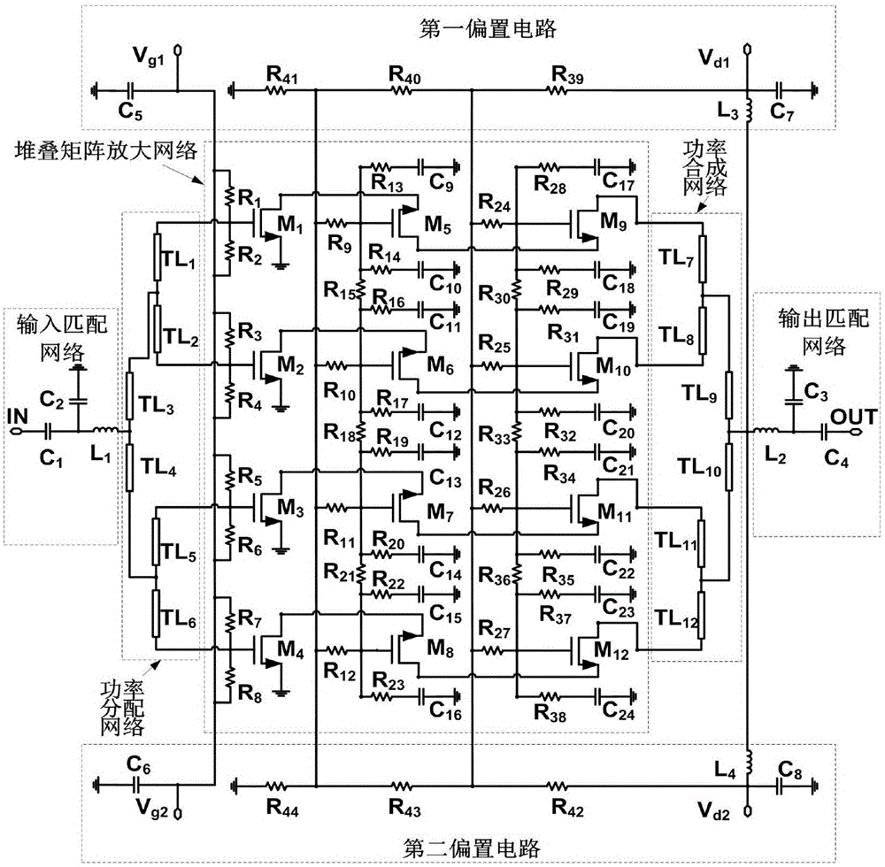 Matrix power amplifier based on transistor stacking structure