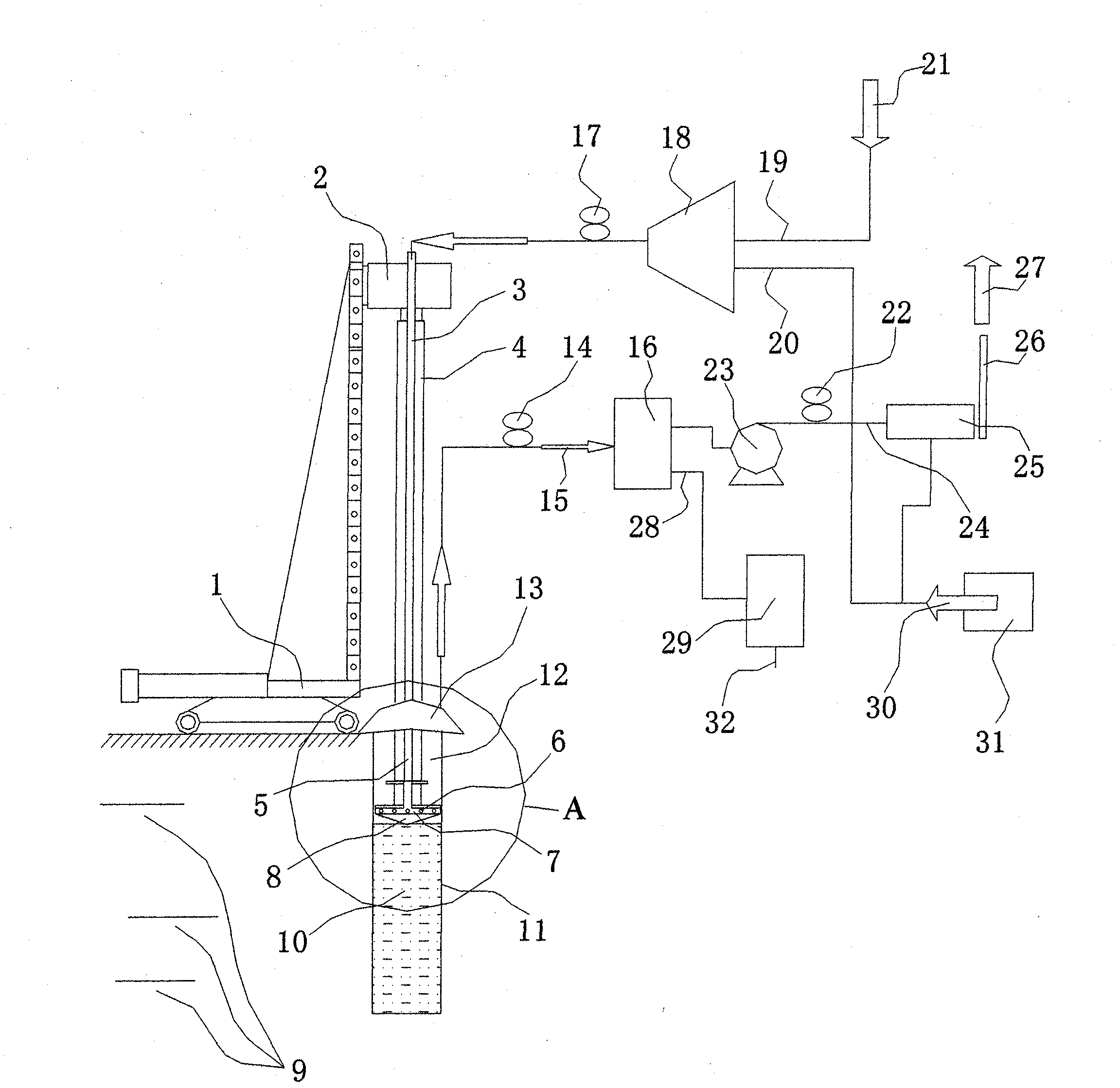 In-situ repair system and method for deep layer stirring-hot air injection of polluted soil