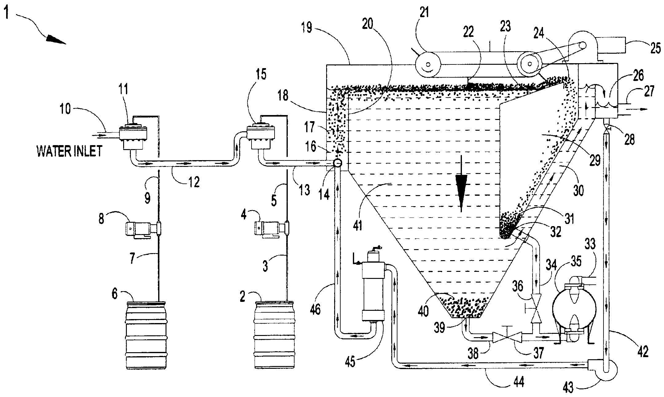 Apparatus for the separation of solids from liquids by dissolved gas floatation