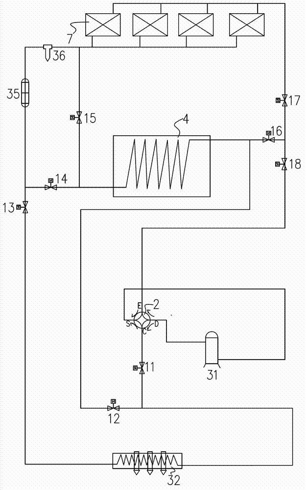 Dual-evaporation dual-condensation household type central air-conditioning hot water system and control method thereof