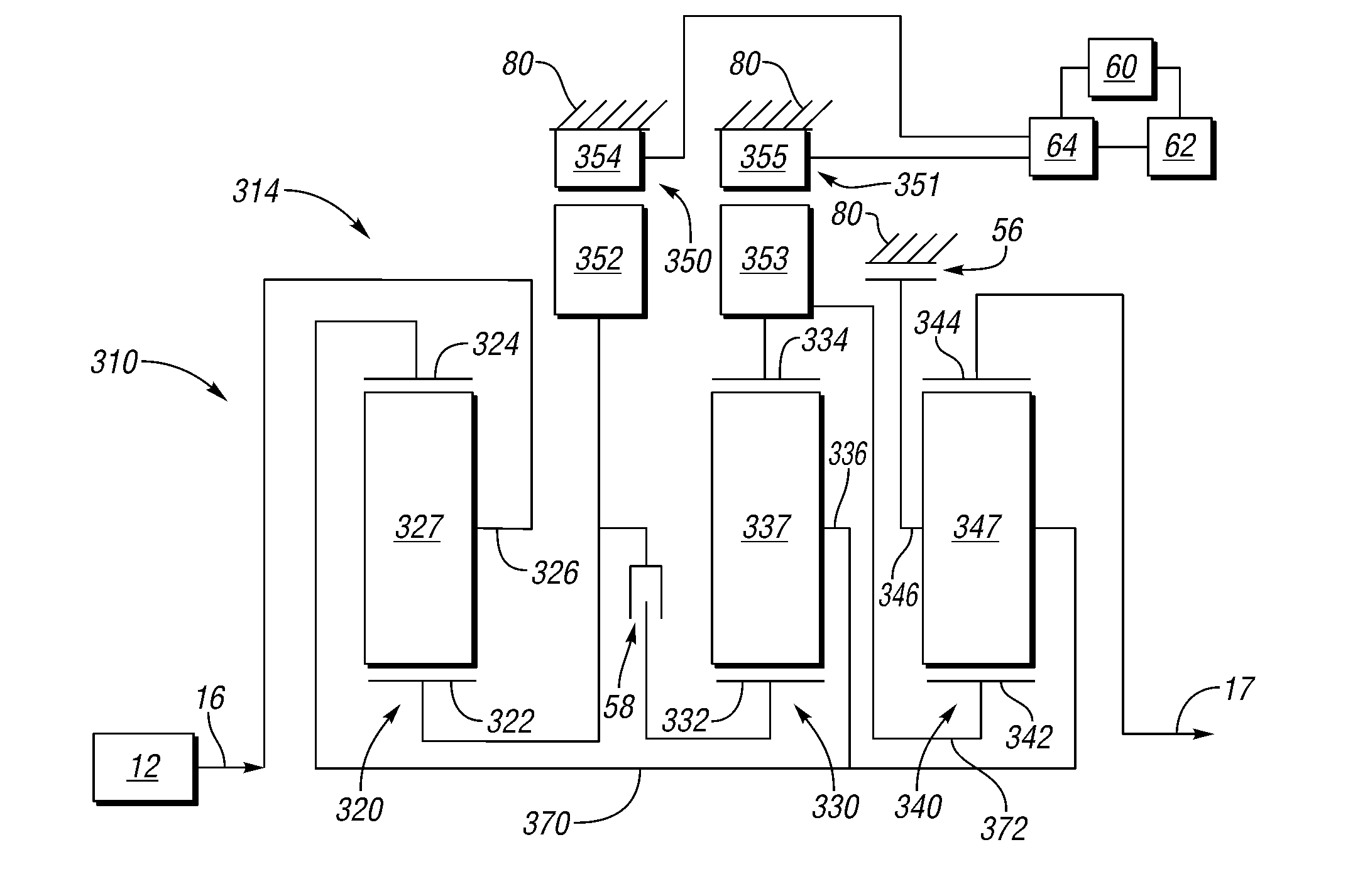 Hybrid transmission with three planetary gear sets and two interconnecting members and with synchronous shift between series and compound-split operating modes