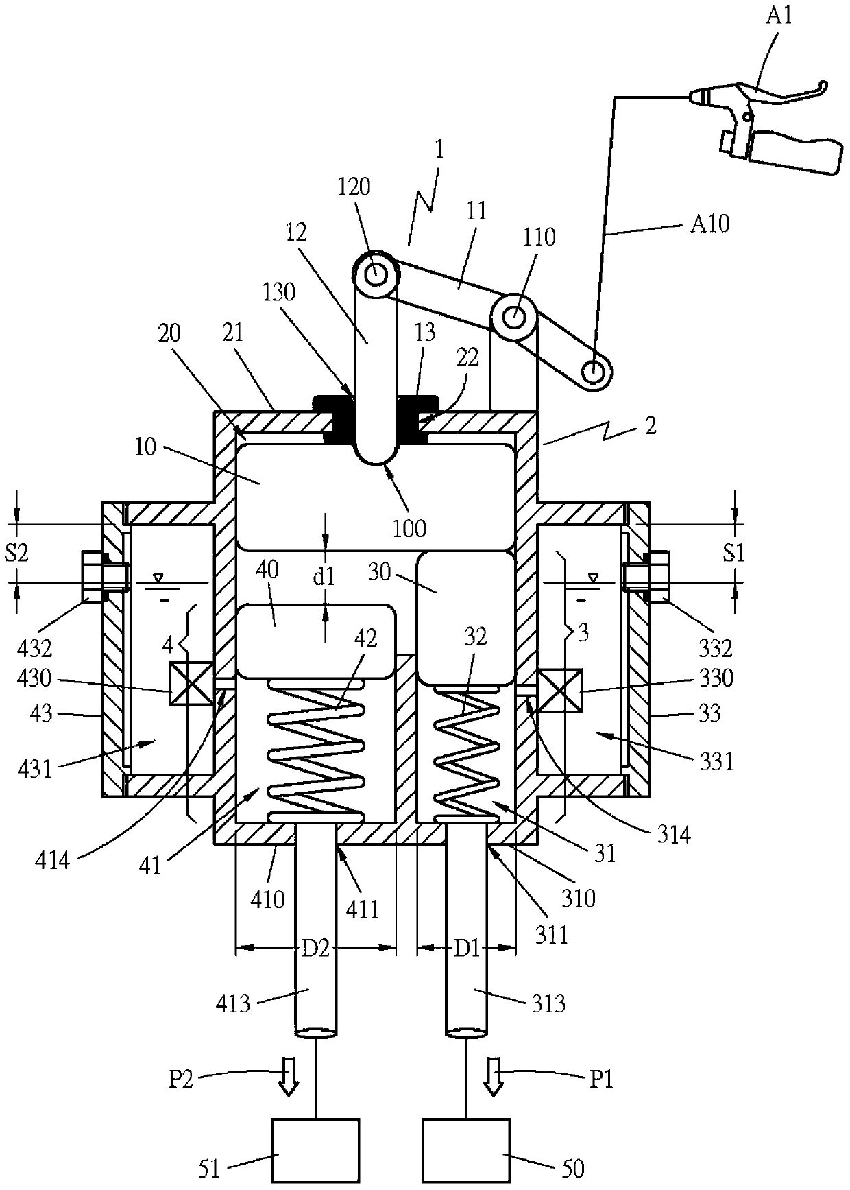 Hydraulic time difference brake device and its assembly