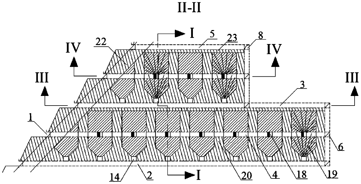 Medium-deep hole multi-stope and subsection common orepass mining method for mining hanging ore body