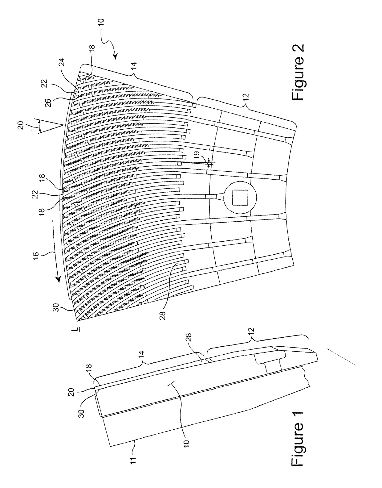 Rotor refiner plate element for counter-rotating refiner having curved bars and serrated leading edges