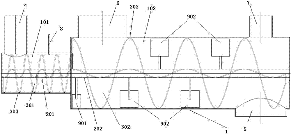 Horizontal mixed material conveying and/or reacting device and mixed material conveying and/or reacting method