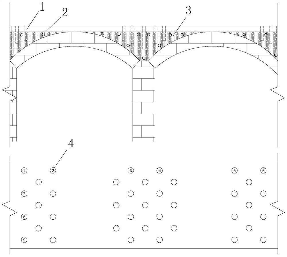 Comprehensive reinforcing structure of active open-spandrel arch bridge and construction method