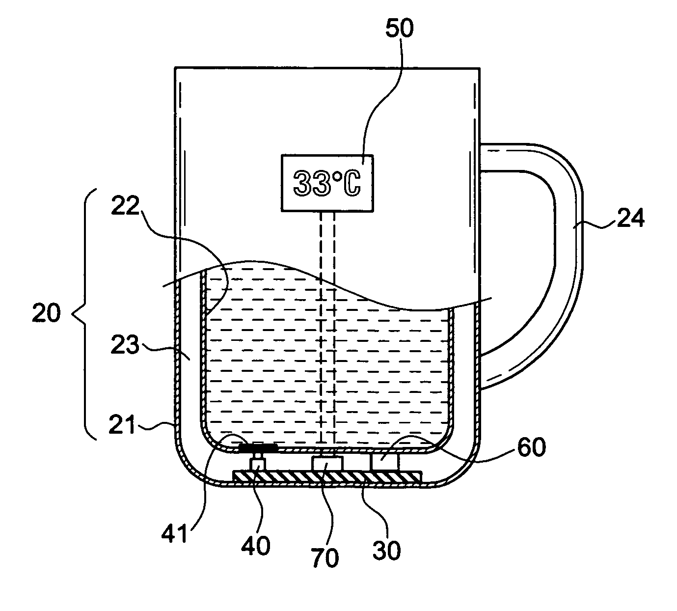Liquid container capable of self-generating power and showing temprature