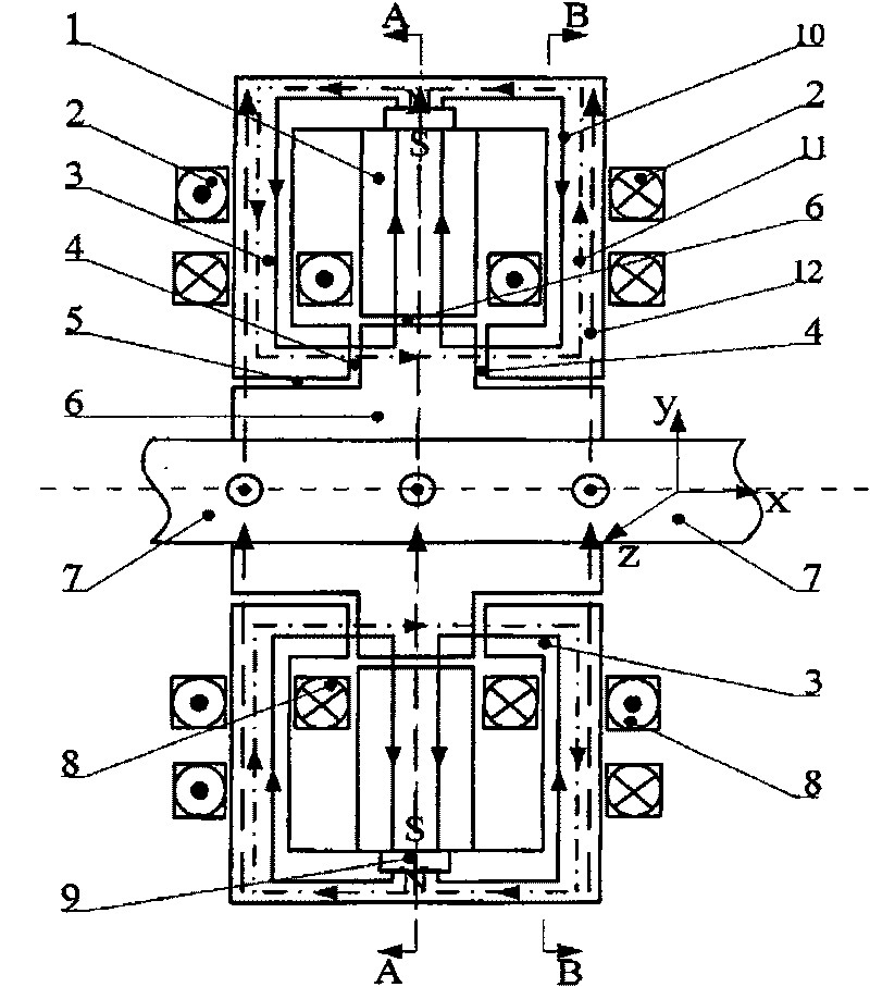 Radial-axial mixed magnetic bearing driven by radial quadrupole biphase alternating current