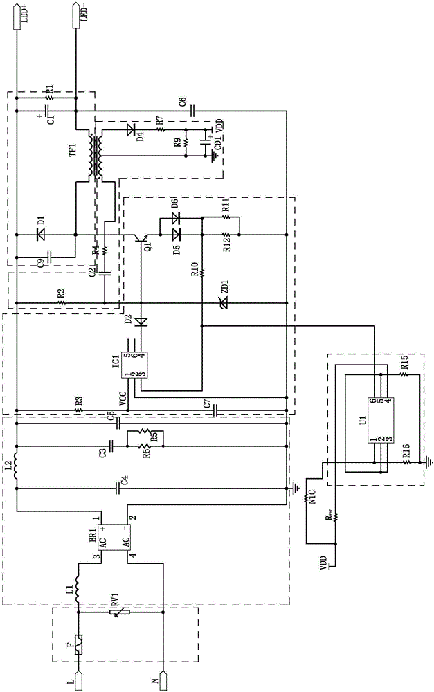 LED bulb light circuit protected by linear temperature control