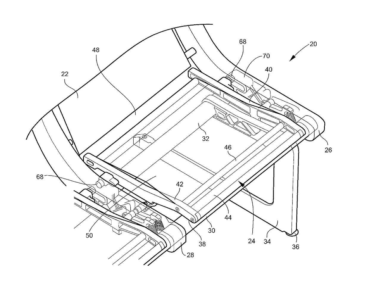 Spring loaded seat bottom which locks during taxi, take-off and landing