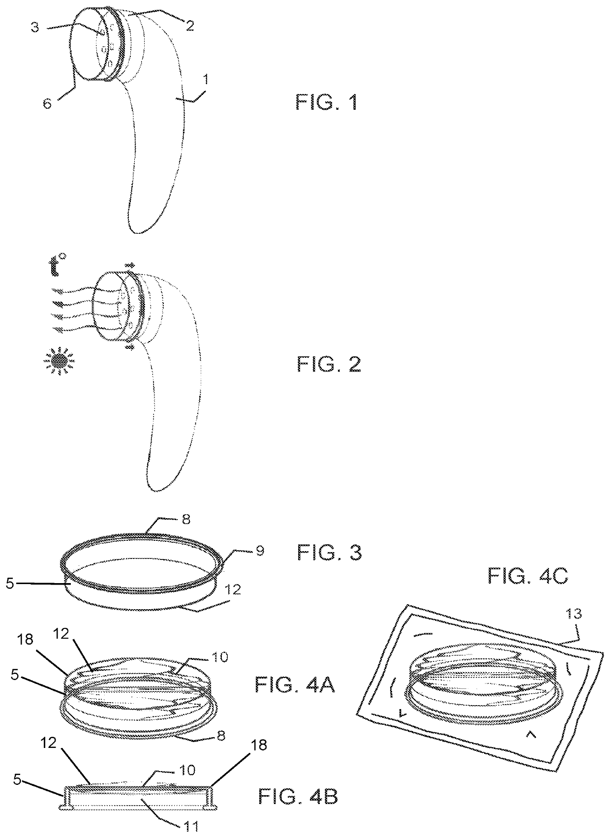 Disposable product cap and assembly having a manually usable thermo-optical device for skin care